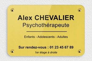 Plaque Professionnelle Plexiglass - ppro-psychologue-pvc-51 - 300 x 200 mm - or-clair-noir - screws-caps - ppro-psychologue-pvc-51