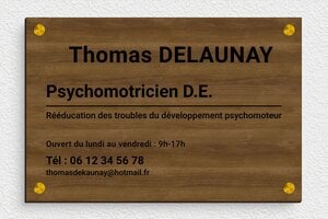 Plaque Professionnelle Bois - ppro-psychomotricien-004-465 - 300 x 200 mm - noyer - screws-spacer - ppro-psychomotricien-004-465