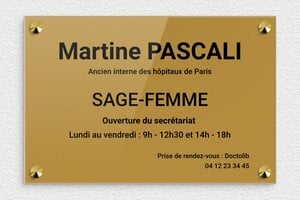 Plaque Sage femme - ppro-safefemme-005-1 - 300 x 200 mm - or-fonce-noir - screws-caps - ppro-safefemme-005-1