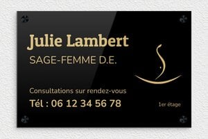 Plaque Sage femme - ppro-sage-femme-002-4 - 300 x 200 mm - noir-or - screws-caps - ppro-sage-femme-002-4