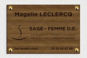 Plaque Professionnelle Bois - ppro-sagefemme-001-0655 - 300 x 200 mm - noyer - screws-caps - ppro-sagefemme-001-0655