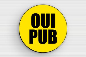 Plaque ronde oui pub - 50 x 50 mm - PVC - jaune-noir - glue - sign-ouipub-003-1