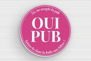 Plaque boîte aux lettres Oui pub - Plaque oui pub - 50 x 50 mm - PVC - rose-blanc - glue - sign-ouipub-005-1