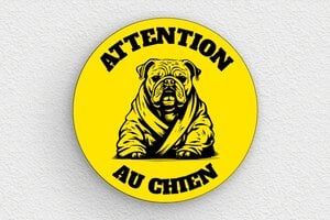 Attention au chien - Plaque ronde attention au chien - 150 x 150 mm - PVC - jaune-noir - glue - signparti-panneau-attention-chien-bouledogue-006-3