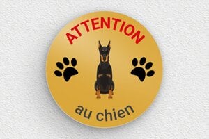 Attention au chien - Plaque ronde attention au chien - 100 x 100 mm - Aluminium - or - glue - signparti-panneau-attention-chien-doberman-003-3