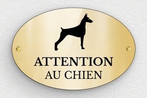 Attention au chien - Plaque ovale attention au chien - 150 x 100 mm - PVC - or-brillant-noir - screws - signparti-panneau-attention-chien-doberman-004-3