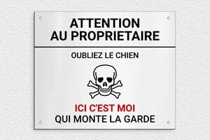 Où acheter un panneau attention au chien ? - Plaque humoristique attention au propriétaire - 300 x 250 mm - PVC - gris-brosse-noir - screws - signparti-panneau-attention-chien-humour-006-3