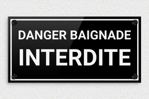 Panneau étang privé - Plaque danger baignade interdite - 300 x 150 mm - Plexiglass - noir-blanc - screws-caps - signparti-panneau-baignade-interdite-004-1