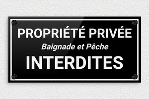 Panneau étang privé - Plaque propriété privée baignade et pêche interdites - 300 x 150 mm - Plexiglass - noir-blanc - screws-caps - signparti-panneau-peche-interdite-003-1