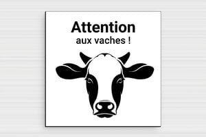 Plaque de porte vachette - Plaque attention aux vaches - 150 x 150 mm - PVC - blanc-noir - glue - signparti-porte-animaux-vachette-001-1