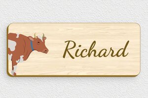 Plaque de porte vachette - signparti-porte-animaux-vachette-002-3 - 150 x 60 mm - erable - glue - signparti-porte-animaux-vachette-002-3