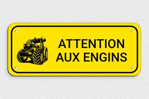 Plaque de porte tracteur - Panneau attention aux engins - 300 x 120 mm - PVC - jaune-noir - screws - signparti-porte-tracteur-003-1