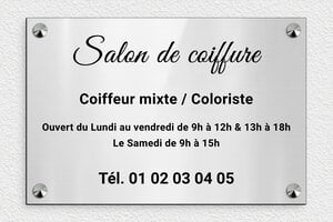 Plaque Professionnelle Coiffeur - signpro-coiffeur-003-0 - 300 x 200 mm - gris-brillant-noir - screws-caps - signpro-coiffeur-003-0