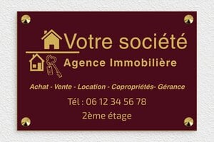 Plaque Agence Immobilière - signpro-immobilier-003-4 - 300 x 200 mm - bordeau-or - screws-caps - signpro-immobilier-003-4