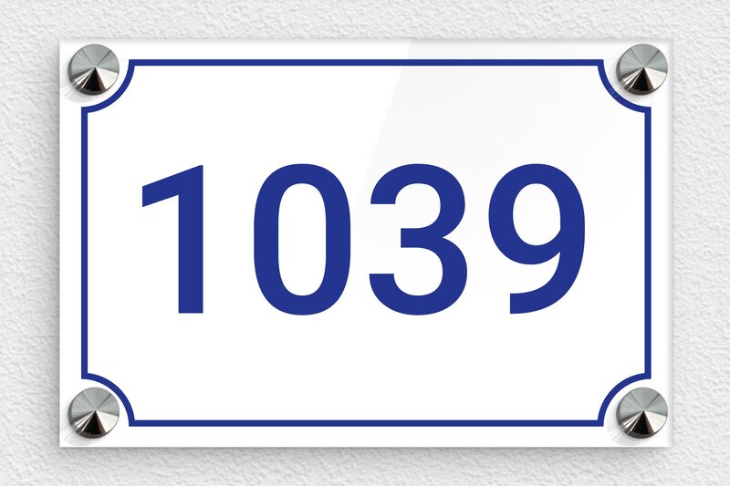 Numéro de maison blanc  - Plexiglass - 150 x 100 mm - blanc-bleu - screws-caps - num-maison-blanc-005-1
