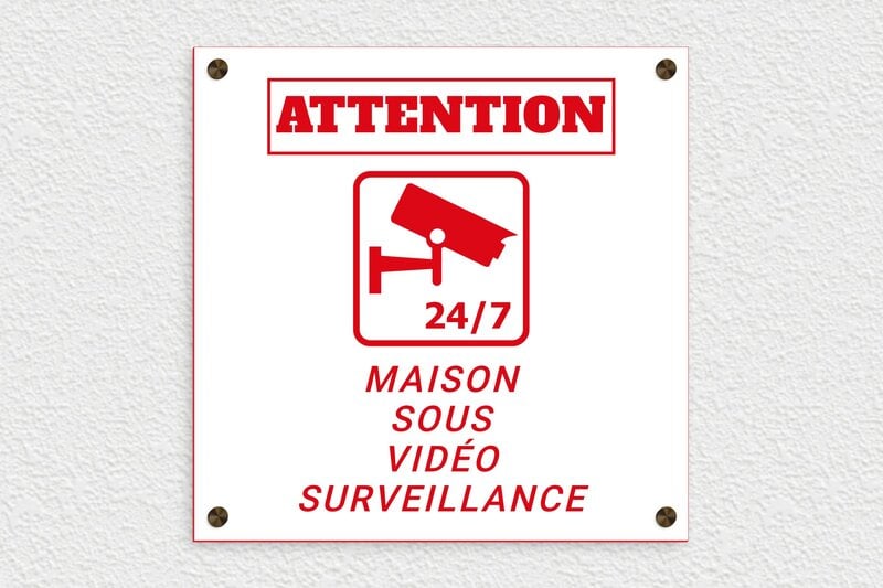 Plaque entreprise - Plaque attention maison sous vidéo surveillance - 300 x 300 mm - PVC - blanc-rouge - screws-caps - pa-surveillance-001-4