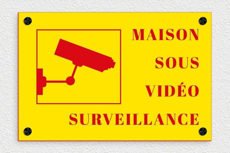 Panneau vidéo surveillance pour propriété privée - Plaque maison sous vidéo surveillance - 300 x 200 mm - PVC - jaune-rouge - screws-caps - pa-surveillance-002-4
