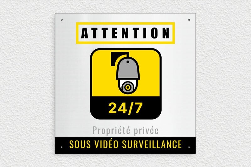 Plaque attention propriété privée sous vidéo surveillance - 300 x 300 mm - PVC - gris-brosse-noir - holes-only - pa-surveillance-quadri-001-5