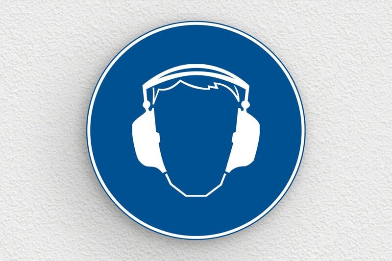 Panneaux d'obligation et d'information - Plaque ronde port du casque anti-bruit obligatoire - 200 x 200 mm - PVC - bleu-blanc - glue - panneau-chantier-007-3