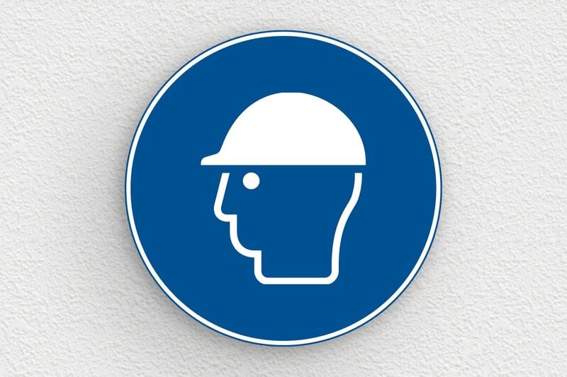 Panneau signalétique - Plaque ronde port du casque obligatoire - 200 x 200 mm - PVC - bleu-blanc - glue - panneau-chantier-008-3