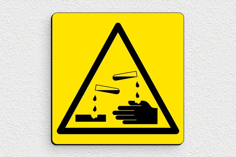 Panneau avertissement - Panneau danger produits chimiques - 100 x 100 mm - PVC - jaune-noir - glue - panneau-chimique-007-3