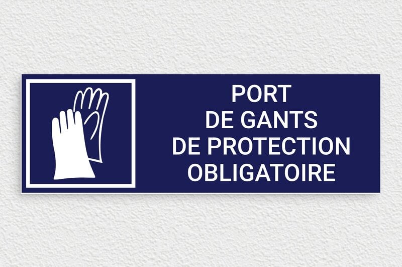 Panneau signalétique - Panneau port de gants de protection obligatoire - 300 x 100 mm - PVC - bleu-marine-blanc - glue - panneau-obligation-001-3