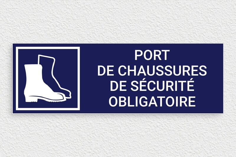Panneau de signalisation - Panneau port de chaussures de sécurité obligatoire - 300 x 100 mm - PVC - bleu-marine-blanc - glue - panneau-obligation-002-3