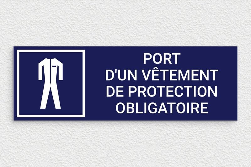 Signalisation de Santé et de Sécurité au travail - Panneau port d'un vêtement de protection obligatoire - 300 x 100 mm - PVC - bleu-marine-blanc - glue - panneau-obligation-003-3