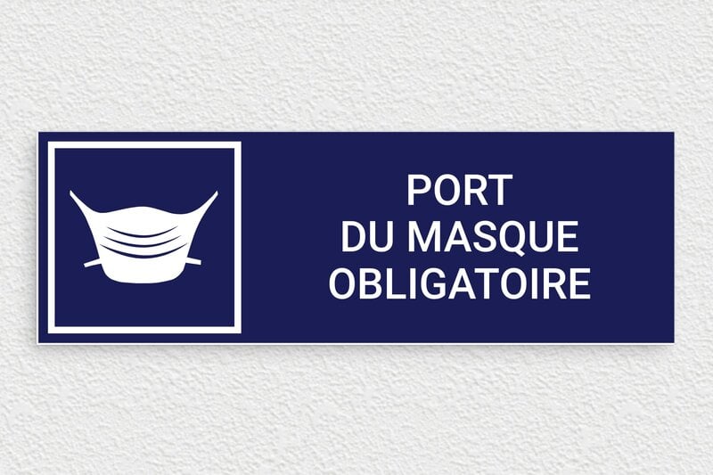 Panneaux d'obligation et d'information - Panneau port du masque obligatoire - 300 x 100 mm - PVC - bleu-marine-blanc - glue - panneau-obligation-004-3