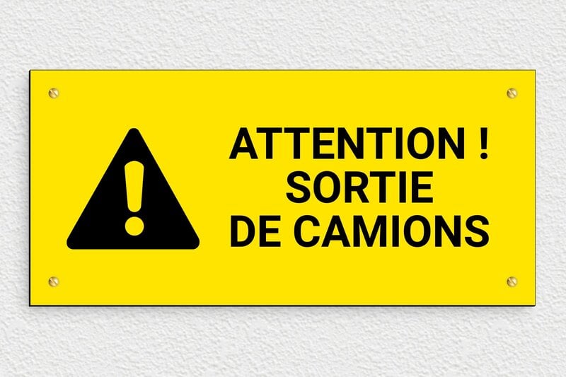 Panneau avertissement - Panneau attention sortie de camions - 300 x 140 mm - PVC - jaune-noir - screws - pl-avertissement-009-1