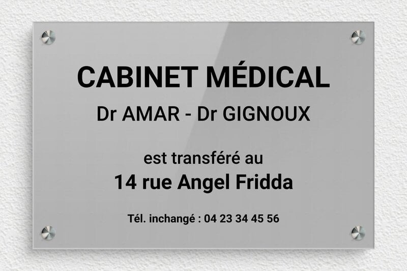 Plaque professionnelle cabinet médical - Plexiglass - 300 x 200 mm - gris-noir - screws-spacer - pl-job-cabinet-medical-004-1
