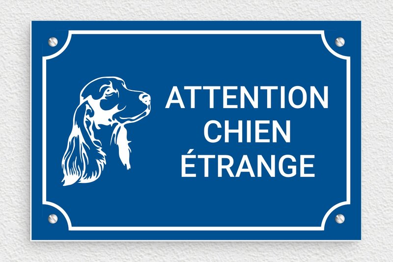 Attention au chien - Plaque attention chien étrange - 210 x 140 mm - PVC - bleu-blanc - screws - pl-plastique-029-1