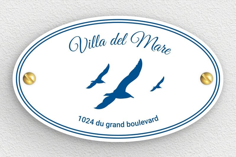 Plaque maison personnalisée - PVC - 100 x 60 mm - blanc-bleu - screws - pl-villa-044-1