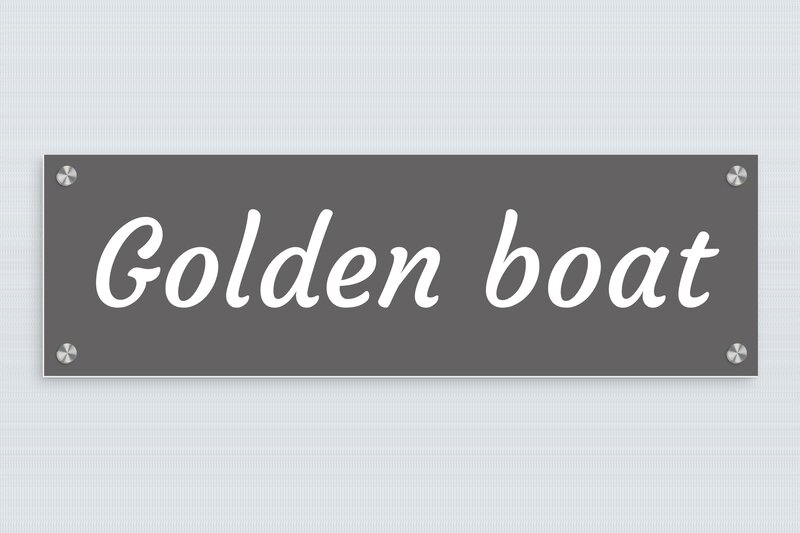 Plaque nom de bateau - PVC - 450 x 140 mm - gris-souris-blanc - screws-caps - plaque-bateau-nom-003-1