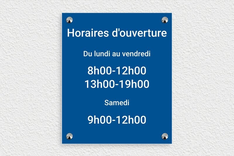Panneau horaire d'ouverture - PVC - 210 x 250 mm - bleu-blanc - screws-caps - plaque-horaire-ouverture-003-2