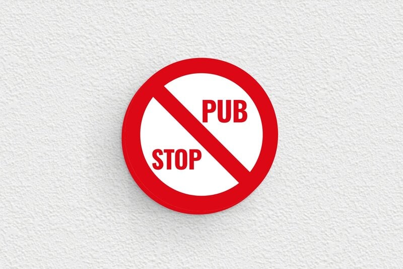 Stop PUB boîte aux lettres - Plaque ronde stop pub - 30 x 30 mm - PVC - blanc-rouge - glue - plaque-stop-pub-001-2