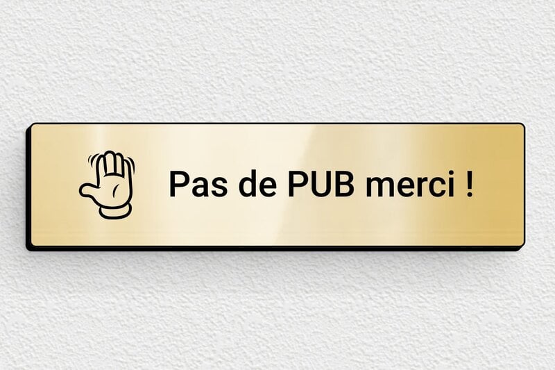 Stop PUB boîte aux lettres - Plaque pas de pub merci - 80 x 20 mm - PVC - or-brillant-noir - glue - plaque-stop-pub-003-2