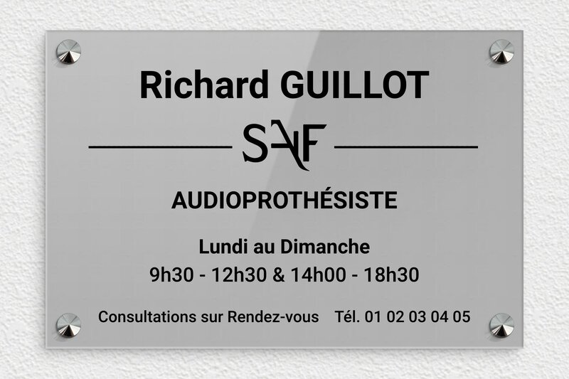 Plaque professionnelle audioprothésiste - Plexiglass - 300 x 200 mm - gris-noir - screws-caps - plaquepro-job-audioprothesiste-002-0