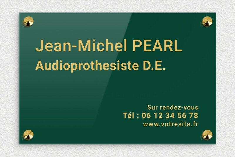Plaque professionnelle audioprothésiste - Plexiglass - 300 x 200 mm - vert-or - screws-caps - plaquepro-job-audioprothesiste-002-4