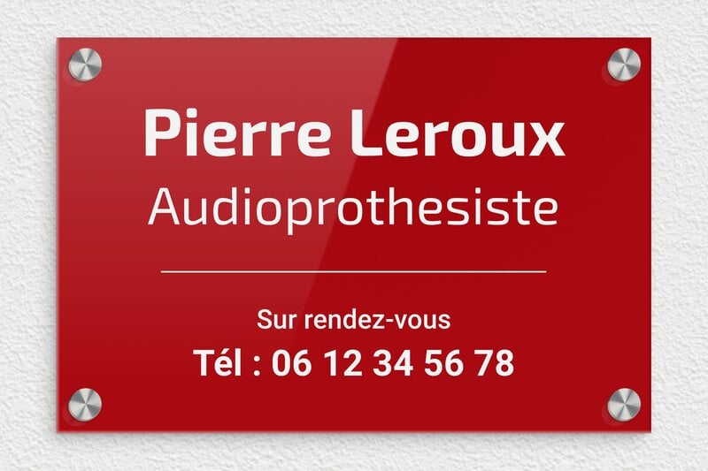 Plaque professionnelle audioprothésiste - Plexiglass - 300 x 200 mm - rouge-blanc - screws-caps - plaquepro-job-audioprothesiste-008-4