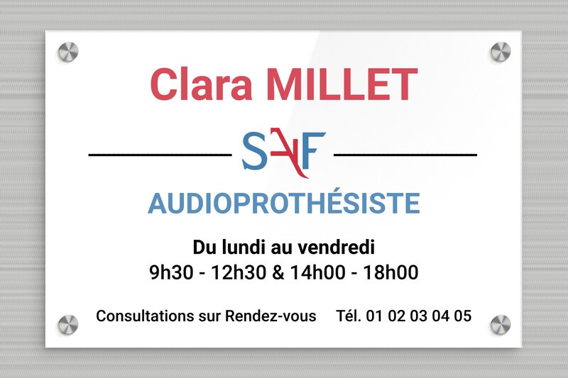 Plaque professionnelle audioprothésiste - Plexiglass - 300 x 200 mm - custom - screws-caps - plaquepro-job-audioprothesiste-quadri-002-3