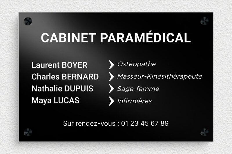 Plaque professionnelle therapeute - Aluminium - 300 x 200 mm - noir - screws-spacer - plaquepro-job-cabinet-paramedical-001-0