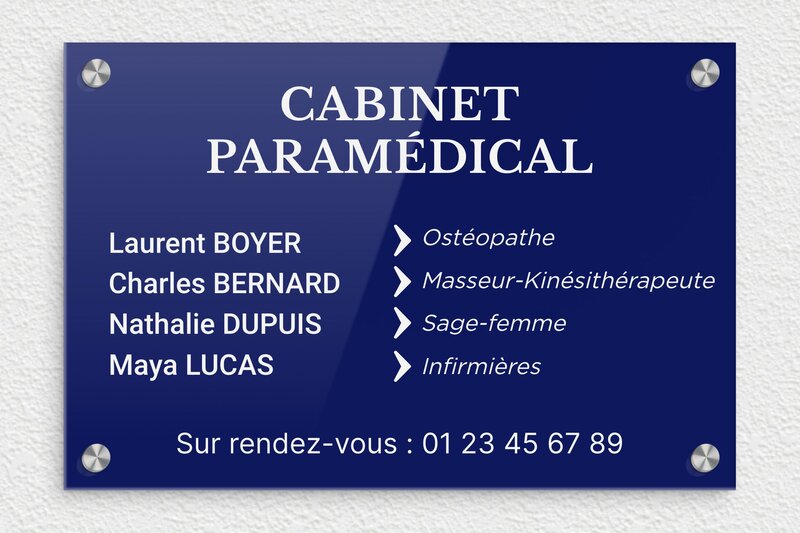 Plaque professionnelle paramédicale - Plexiglass - 300 x 200 mm - bleu-blanc - screws-caps - plaquepro-job-cabinet-paramedical-001-1