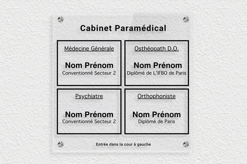 Plaque professionnelle paramédicale - Plexiglass Transparent - 300 x 300 mm - transparent - screws-spacer - plaquepro-job-cabinet-paramedical-002-4