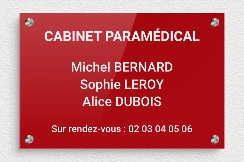 Plaque professionnelle cabinet médical - Plexiglass - 300 x 200 mm - rouge-blanc - screws-spacer - plaquepro-job-cabinet-paramedical-003-0