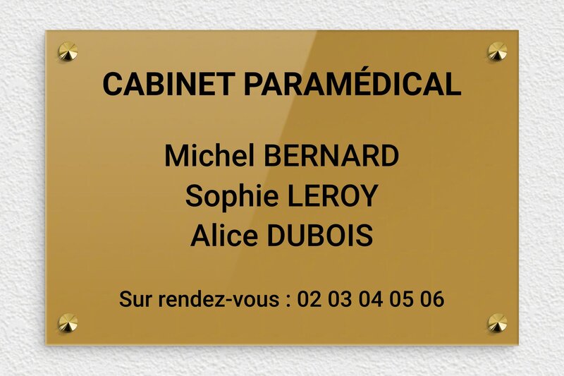 Plaque professionnelle paramédicale - Plexiglass - 300 x 200 mm - or-fonce-noir - screws-caps - plaquepro-job-cabinet-paramedical-003-1