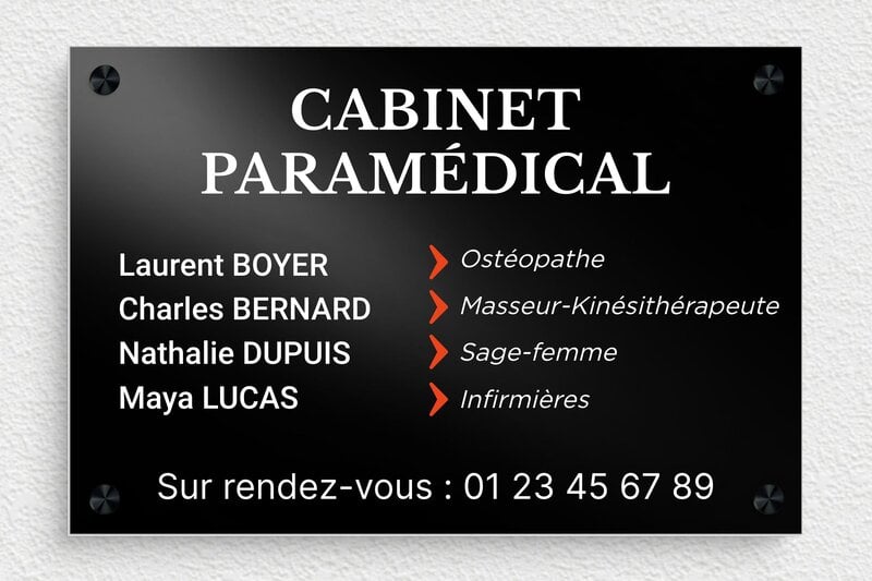 Plaque professionnelle therapeute - Aluminium - 300 x 200 mm - noir - screws-spacer - plaquepro-job-cabinet-paramedical-003-2