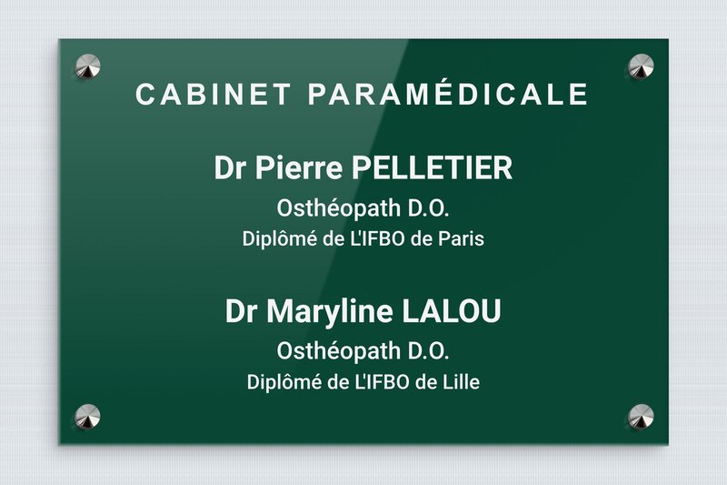 Plaque professionnelle paramédicale - Plexiglass - 300 x 200 mm - vert-blanc - screws-caps - plaquepro-job-cabinet-paramedical-004-4
