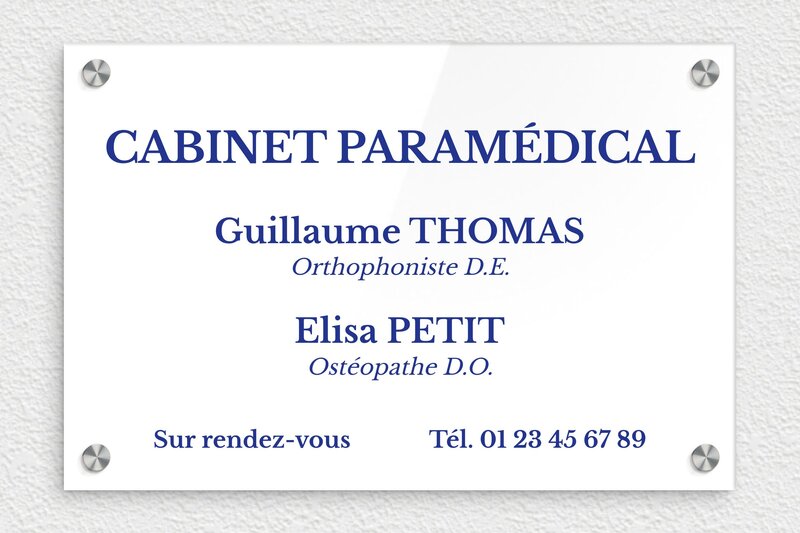Plaque ostéopathe - Plexiglass - 300 x 200 mm - blanc-bleu - screws-caps - plaquepro-job-cabinet-paramedical-006-0