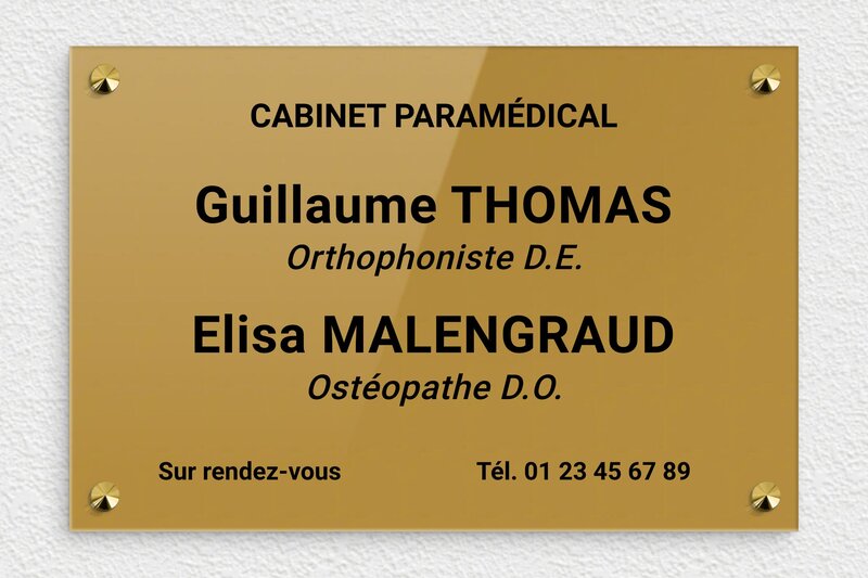 Plaque professionnelle paramédicale - Plexiglass - 300 x 200 mm - or-fonce-noir - screws-caps - plaquepro-job-cabinet-paramedical-006-1